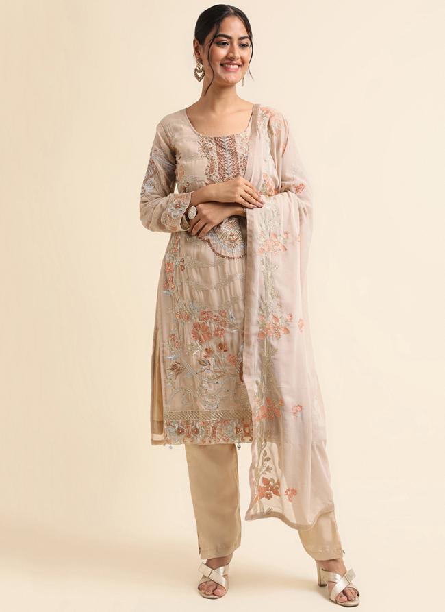 Faux Georgette Beige Traditional Wear Zari Work Straight Suit